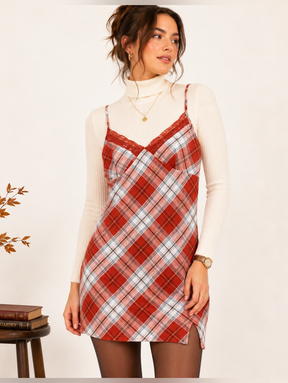 Y2K Rust Cream Plaid Lace Trim Stretch Mesh Slip Dress Fall Preppy Grunge M